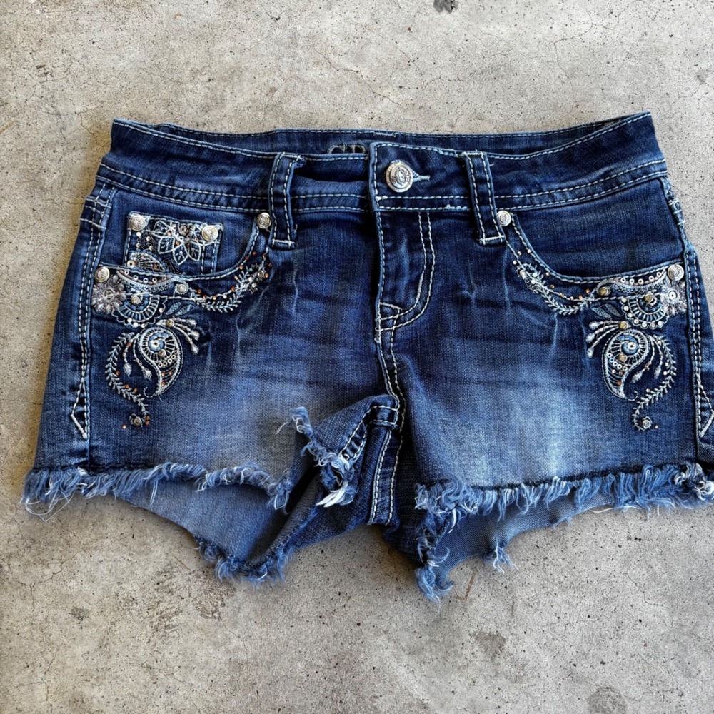 Grace In LA Embellished Denim Shorts Size 25 Frayed Hem micro y2k‎ Low Rise